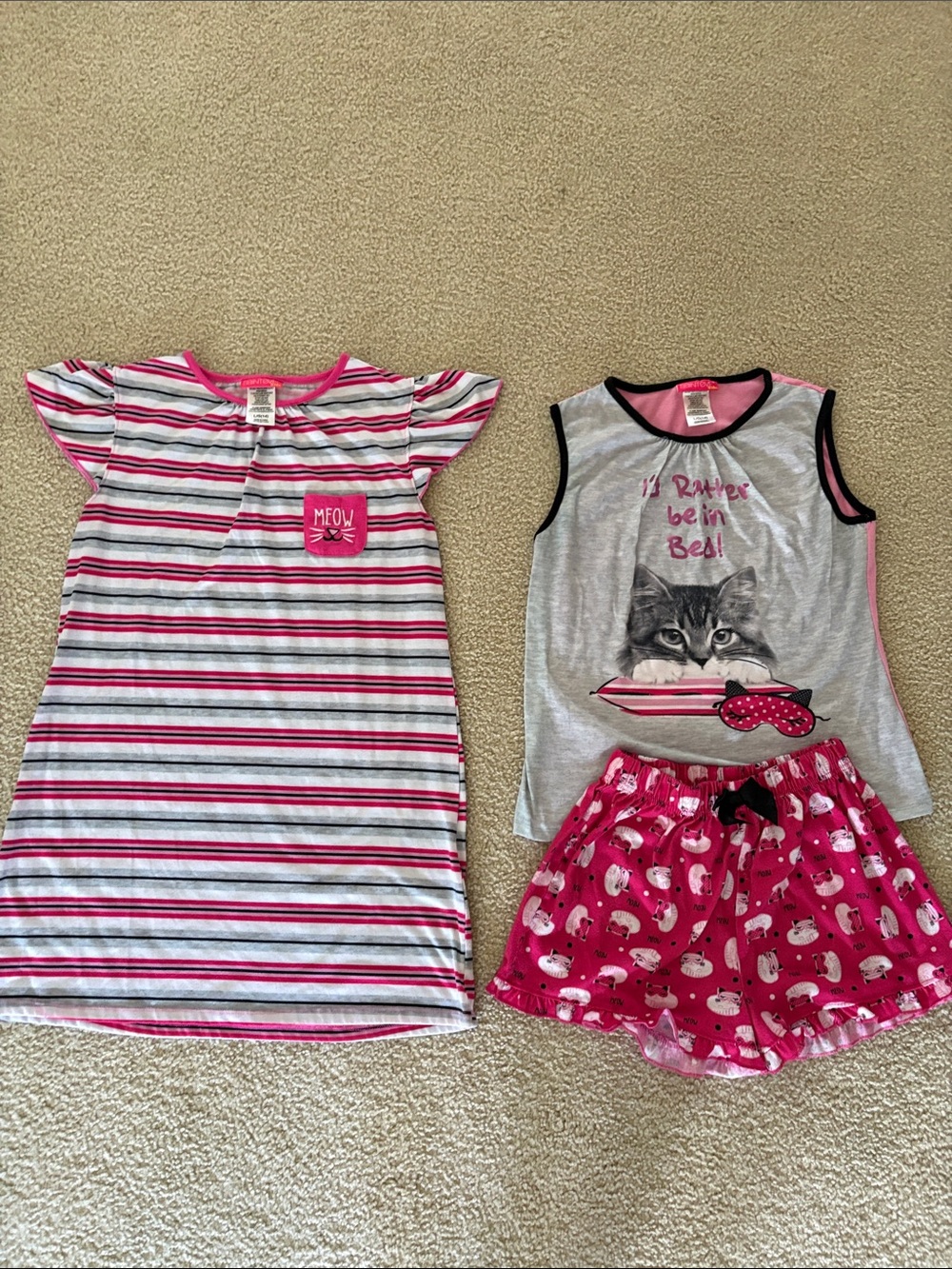 Girls Pink & Gray Cat Sleepwear Set with Nightgown - 3 Piece Pajamas